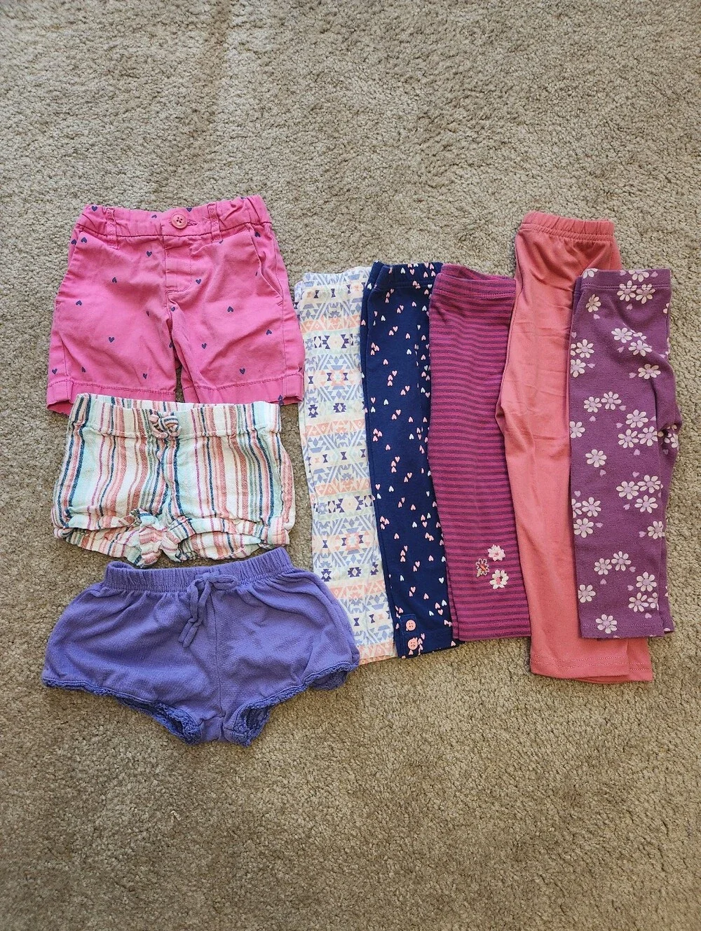 Large Lot of 18-24m Leggings & Shorts Pink Purple Stripes Hearts Bermuda